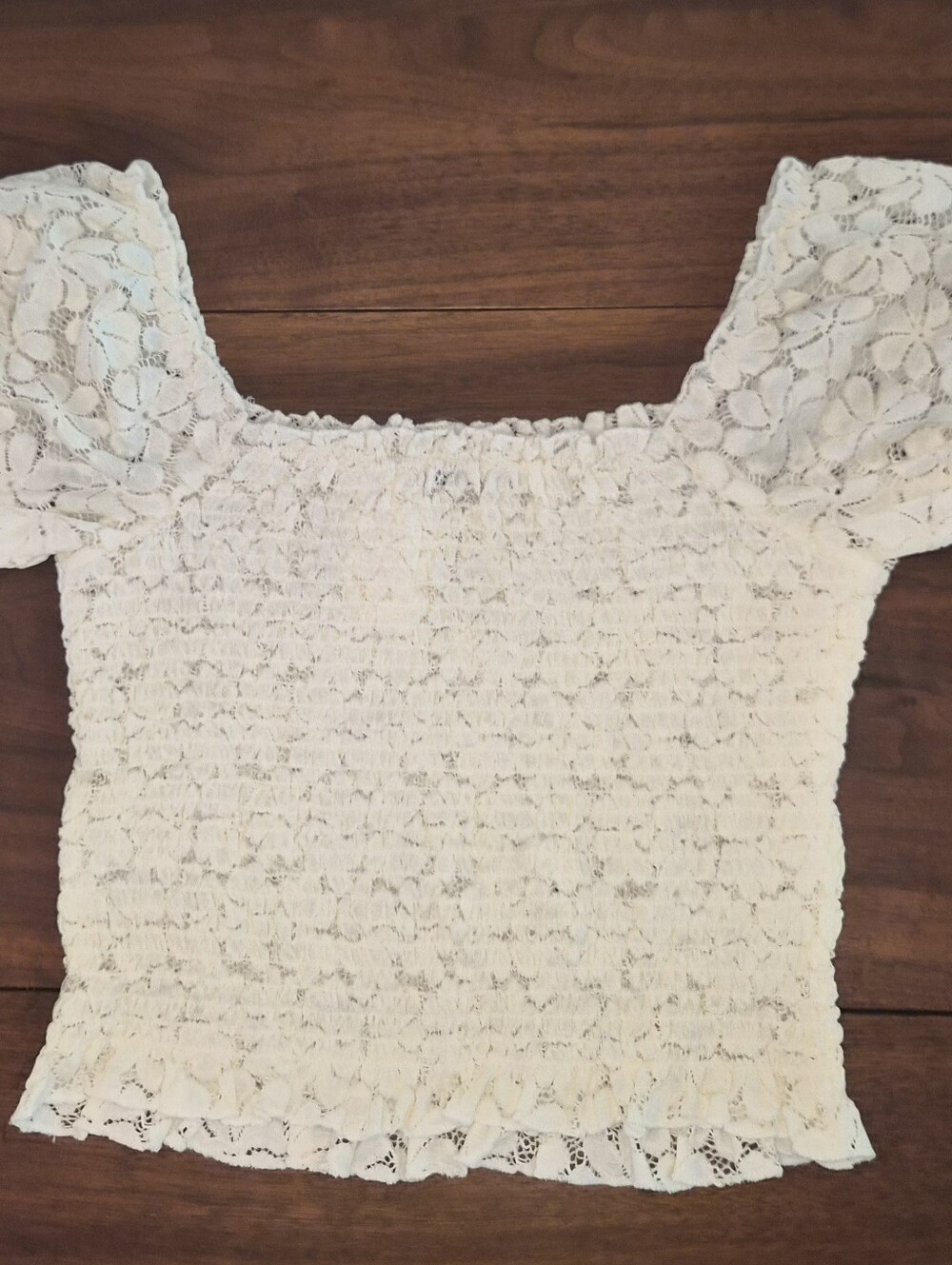 Ten Sixty Sherman White Lace Smocked Square-Neck Crop Top